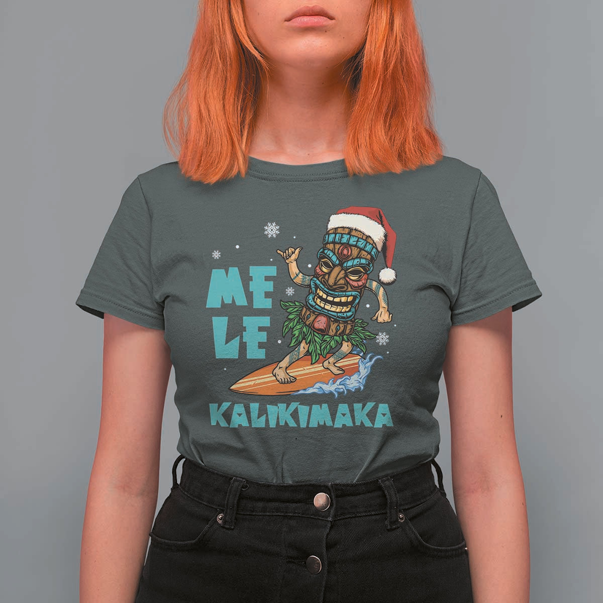 Christmas In Hawaii T Shirt For Women Mele Kalikimaka Santa Tiki Surfing Kakau Tattoo - Wonder Print Shop