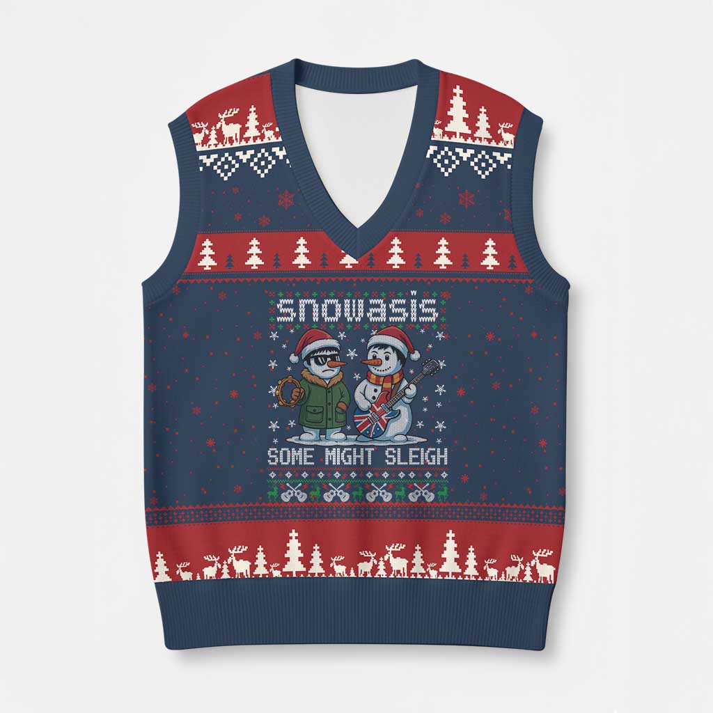 Snowasis Some Might Sleigh V-Neck Knit Sweater Vest Funny Xmas Snowmen Rock Band Parody - Wonder Print Shop