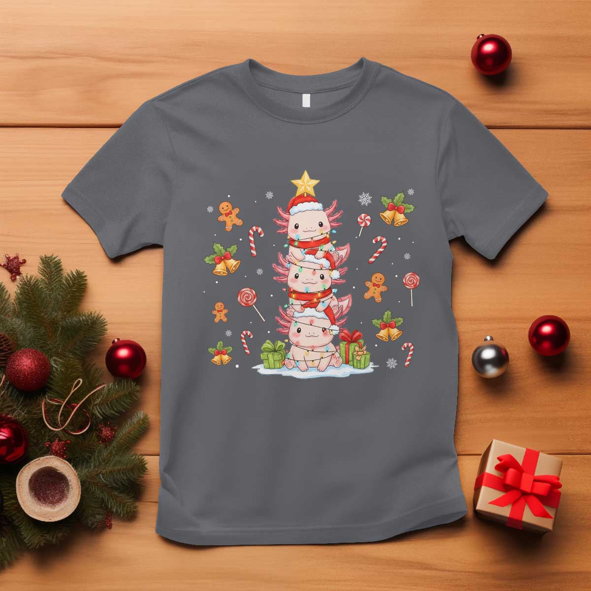 Funny Christmas Kawaii Axolotl Xmas Tree T Shirt - Wonder Print Shop