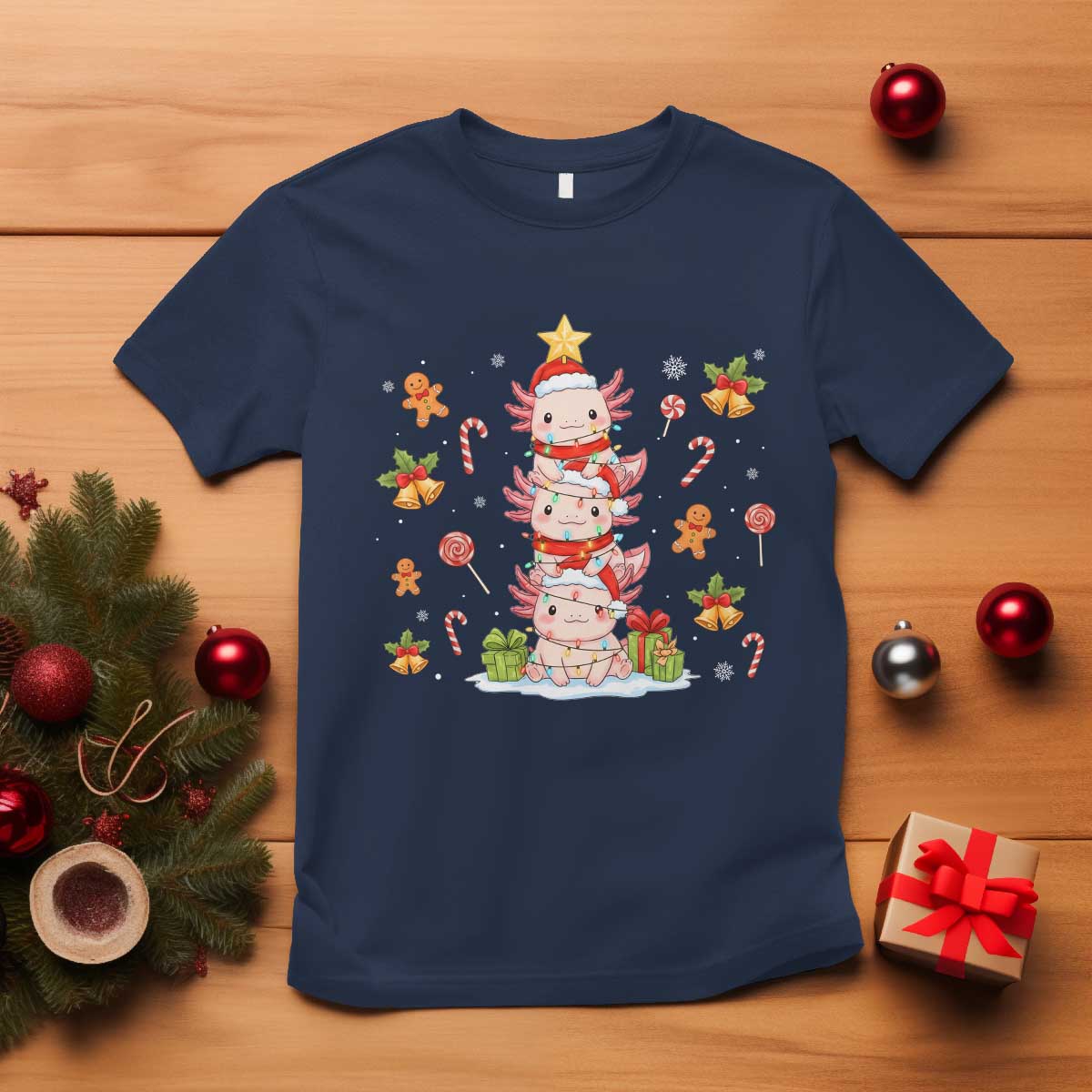 Funny Christmas Kawaii Axolotl Xmas Tree T Shirt - Wonder Print Shop