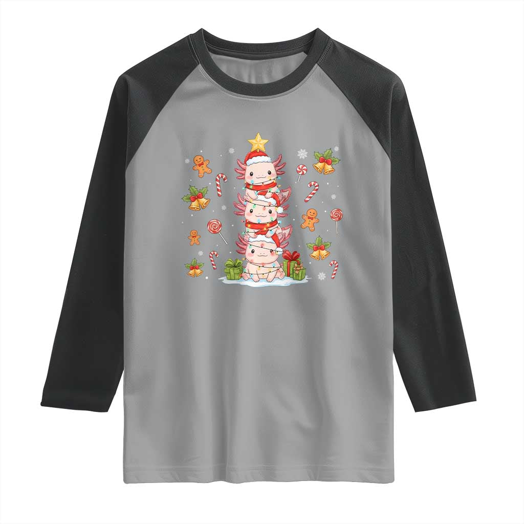 Funny Christmas Kawaii Axolotl Xmas Tree Raglan Shirt - Wonder Print Shop