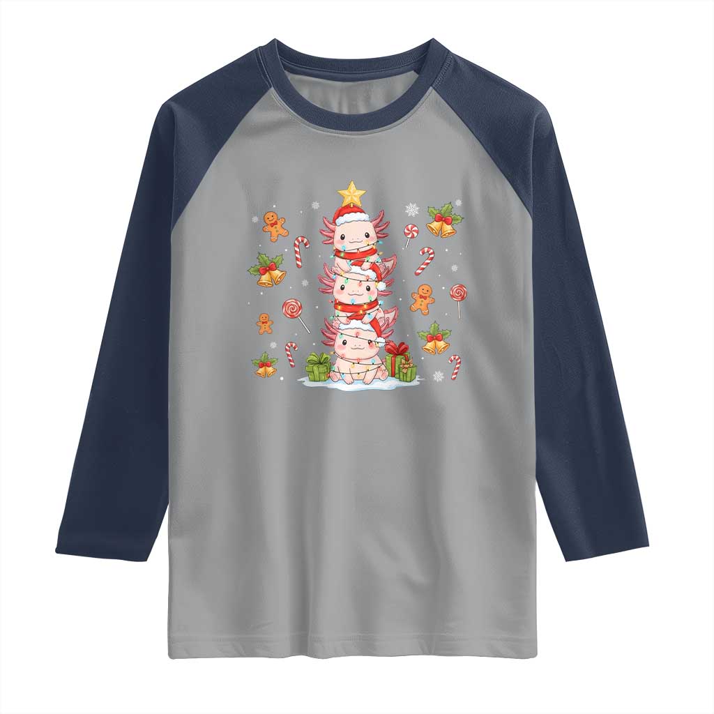 Funny Christmas Kawaii Axolotl Xmas Tree Raglan Shirt - Wonder Print Shop
