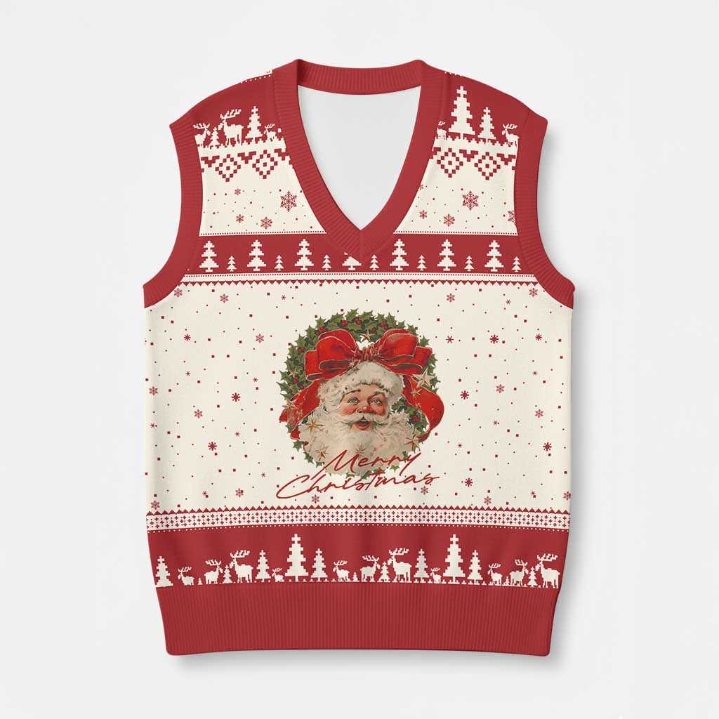 Merry Xmas Vintage Retro Santa Claus Coquette V-Neck Knit Sweater Vest - Wonder Print Shop