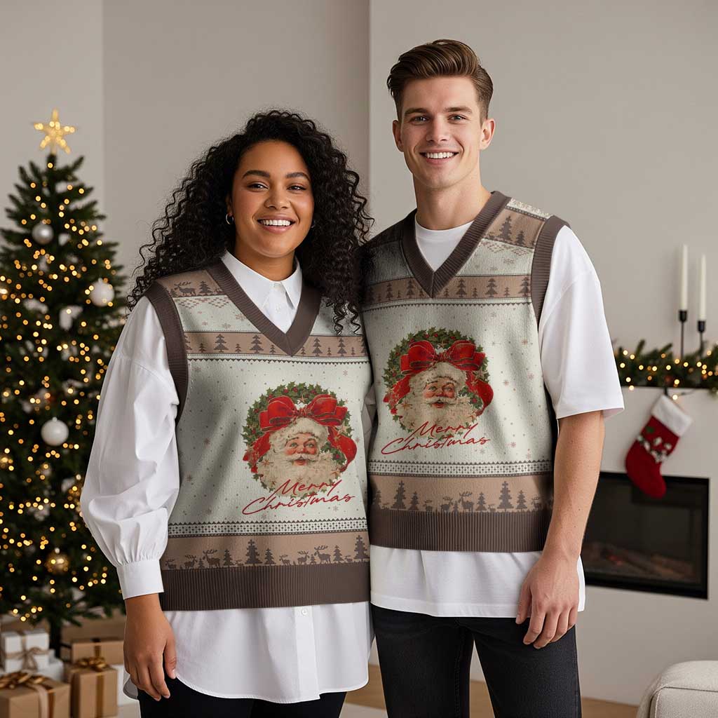 Merry Xmas Vintage Retro Santa Claus Coquette V-Neck Knit Sweater Vest - Wonder Print Shop