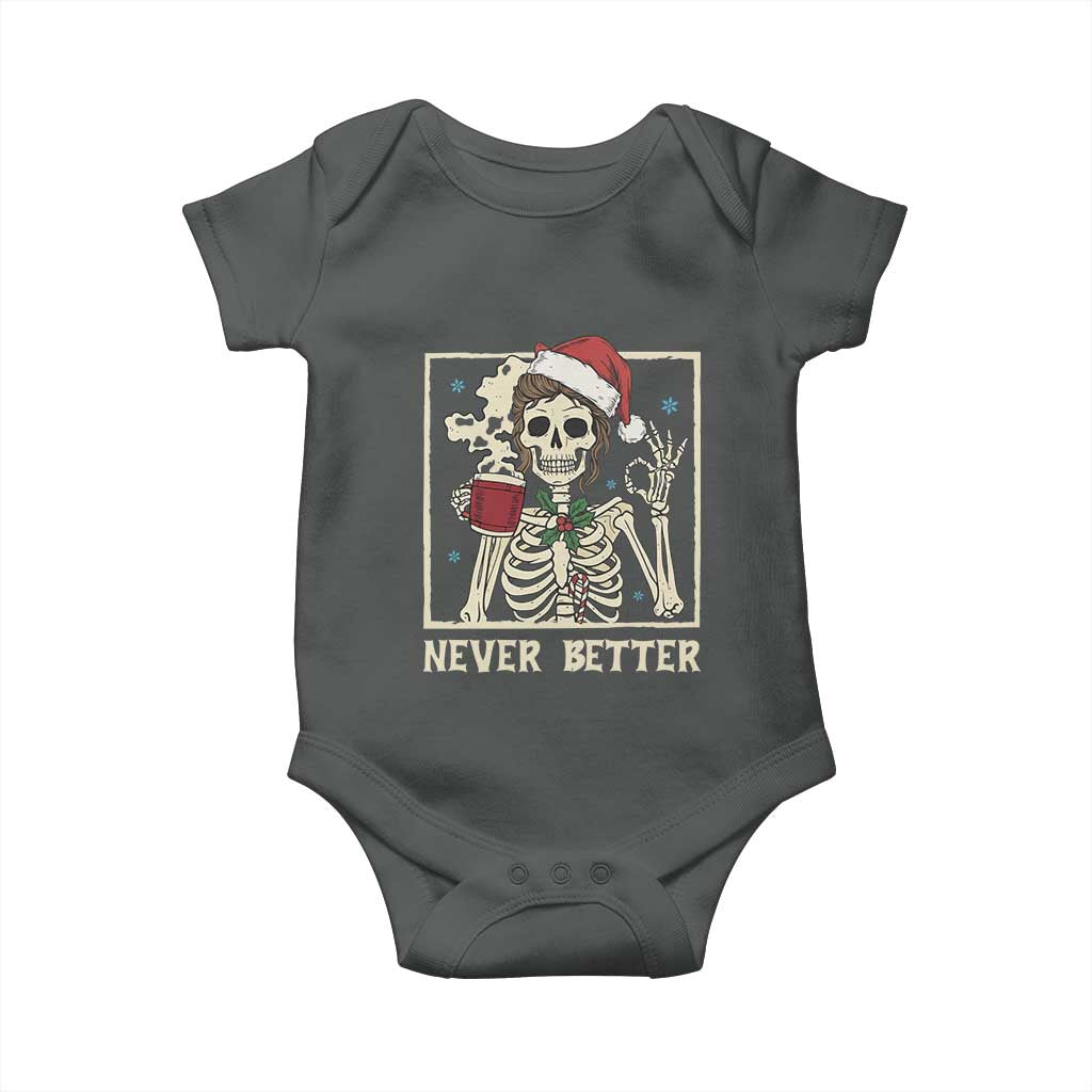 Funny Christmas Never Better Baby Onesie Messy Bun Skeleton Drinking Coffee - Wonder Print Shop