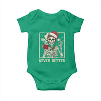 Funny Christmas Never Better Baby Onesie Messy Bun Skeleton Drinking Coffee - Wonder Print Shop