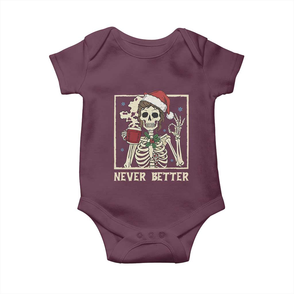 Funny Christmas Never Better Baby Onesie Messy Bun Skeleton Drinking Coffee - Wonder Print Shop