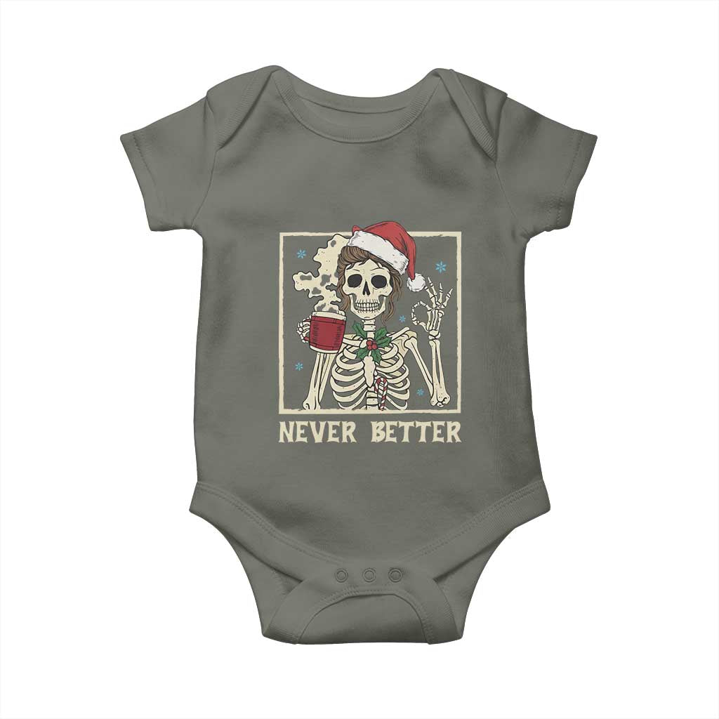 Funny Christmas Never Better Baby Onesie Messy Bun Skeleton Drinking Coffee - Wonder Print Shop