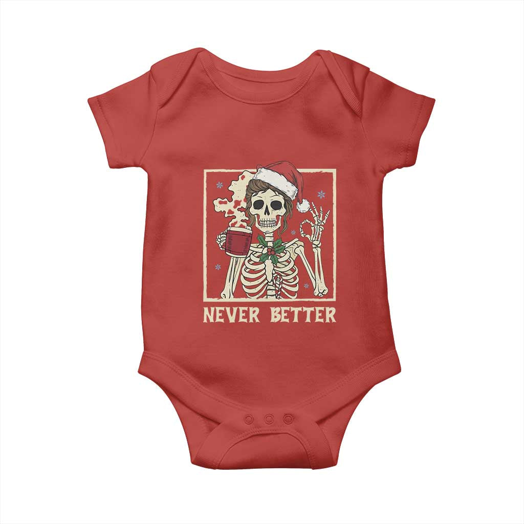 Funny Christmas Never Better Baby Onesie Messy Bun Skeleton Drinking Coffee - Wonder Print Shop
