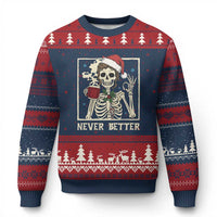 Funny Christmas Never Better Ugly Christmas Sweater Messy Bun Skeleton Drinking Coffee - Wonder Print Shop