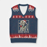 Funny Christmas Never Better V-Neck Knit Sweater Vest Messy Bun Skeleton Drinking Coffee - Wonder Print Shop