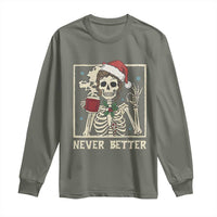 Funny Christmas Never Better Long Sleeve Shirt Messy Bun Skeleton Drinking Coffee - Wonder Print Shop