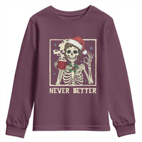 Funny Christmas Never Better Youth Sweatshirt Messy Bun Skeleton Drinking Coffee - Wonder Print Shop
