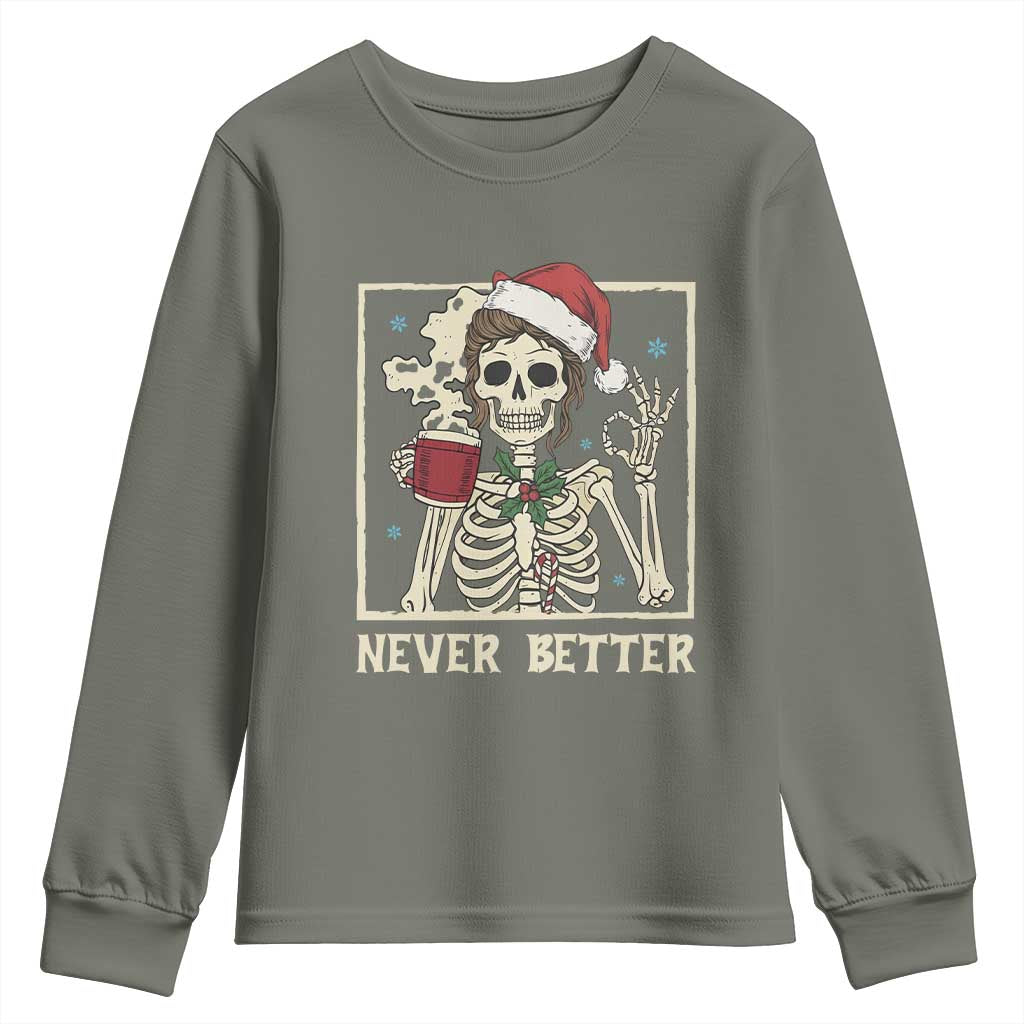 Funny Christmas Never Better Youth Sweatshirt Messy Bun Skeleton Drinking Coffee - Wonder Print Shop