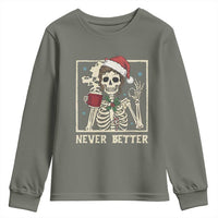 Funny Christmas Never Better Youth Sweatshirt Messy Bun Skeleton Drinking Coffee - Wonder Print Shop