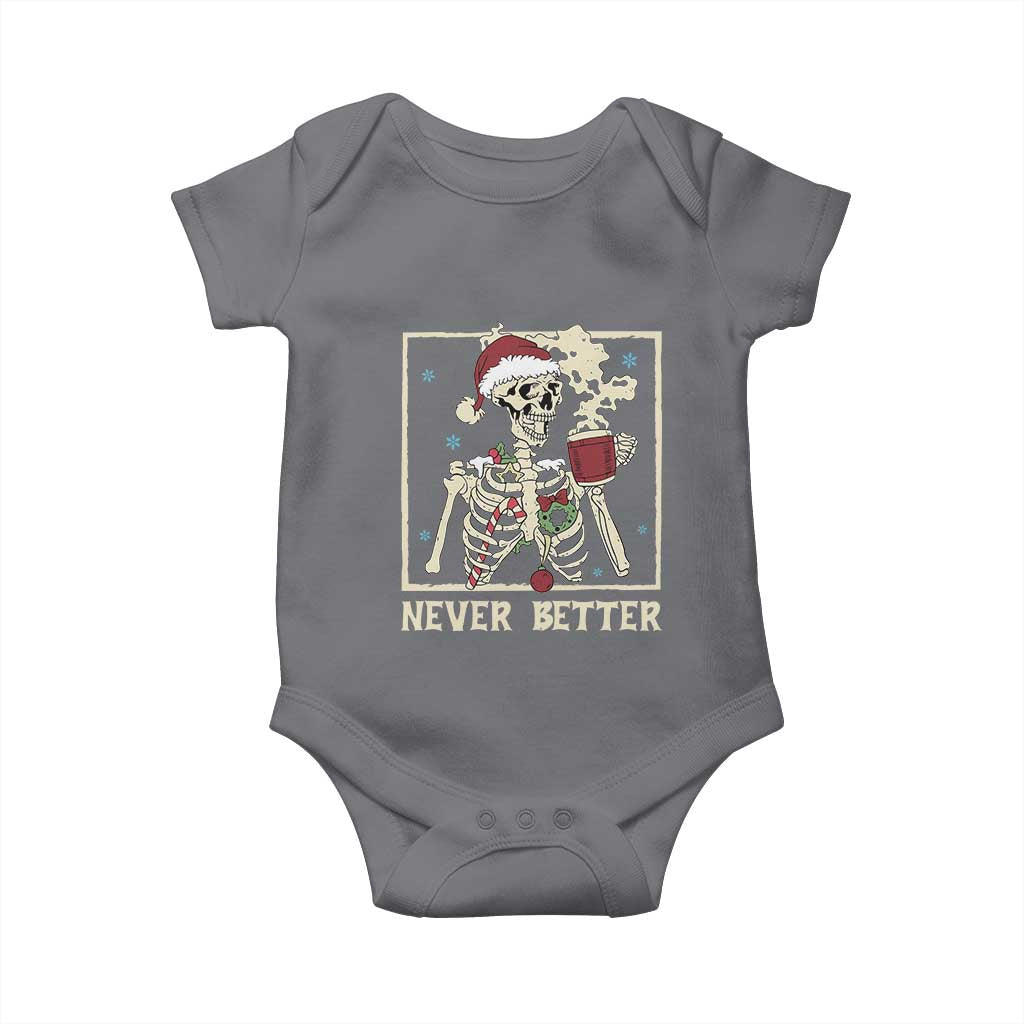 Funny Christmas Never Better Baby Onesie Skeleton Drinking Coffee - Wonder Print Shop