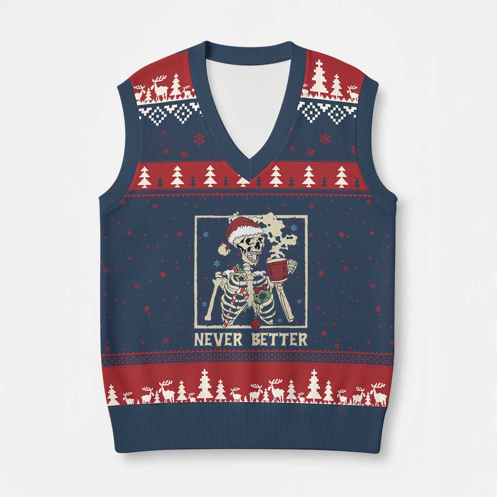 Funny Christmas Never Better V-Neck Knit Sweater Vest Skeleton Drinking Coffee - Wonder Print Shop