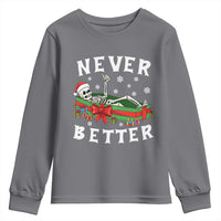 Funny Halloween Christmas Never Better Youth Sweatshirt Xmas Skeleton Coffin - Wonder Print Shop
