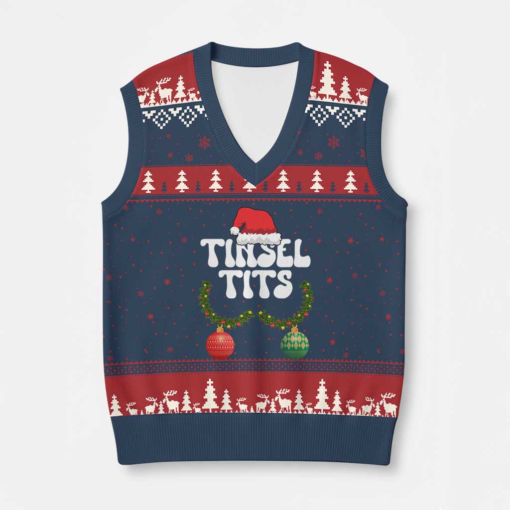 Xmas Tinsel Tits V-Neck Knit Sweater Vest Funny Xmas Couple Matching - Wonder Print Shop