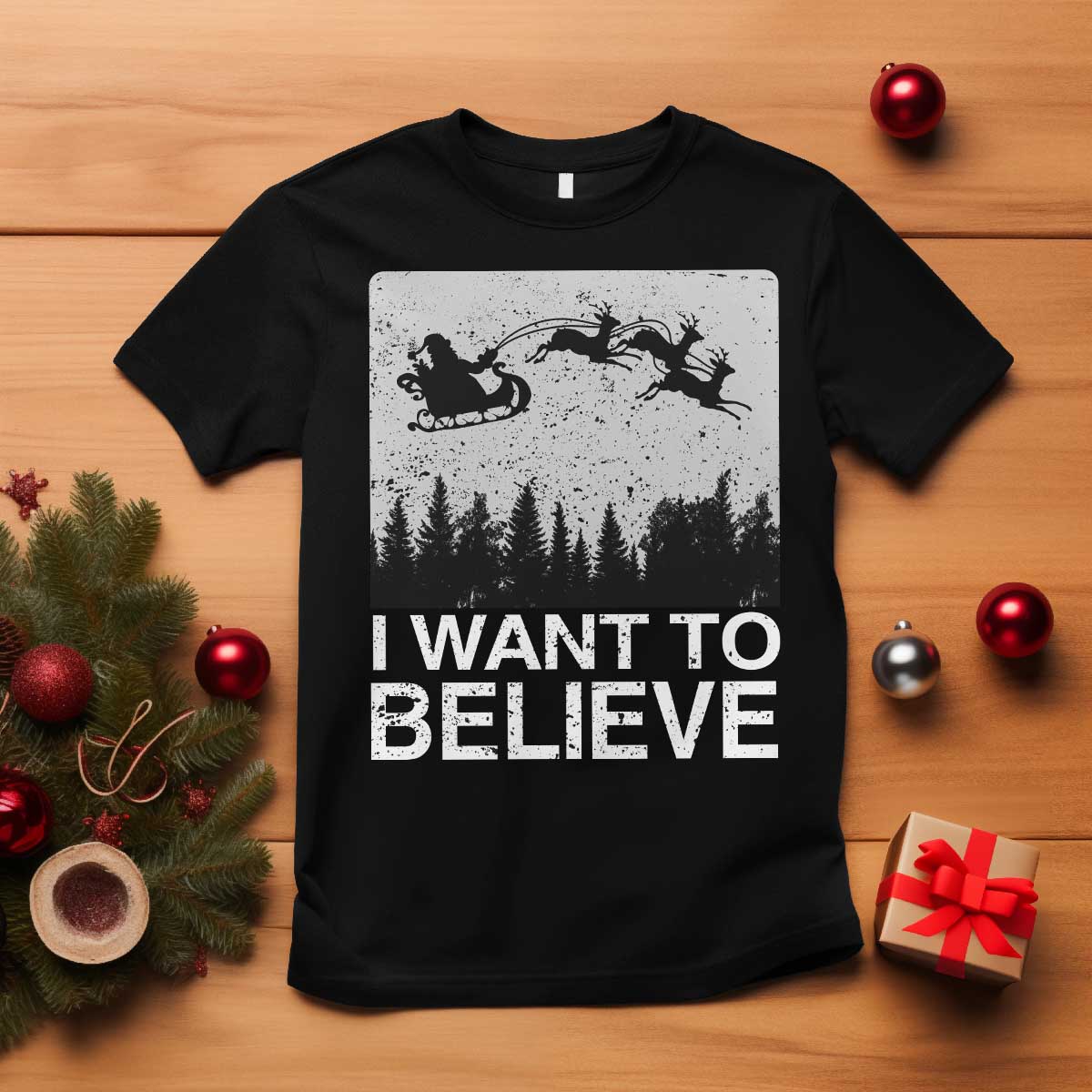 Funny Christmas Santa T Shirt I Want To Believe Sleigh With Reindeers - Wonder Print Shop