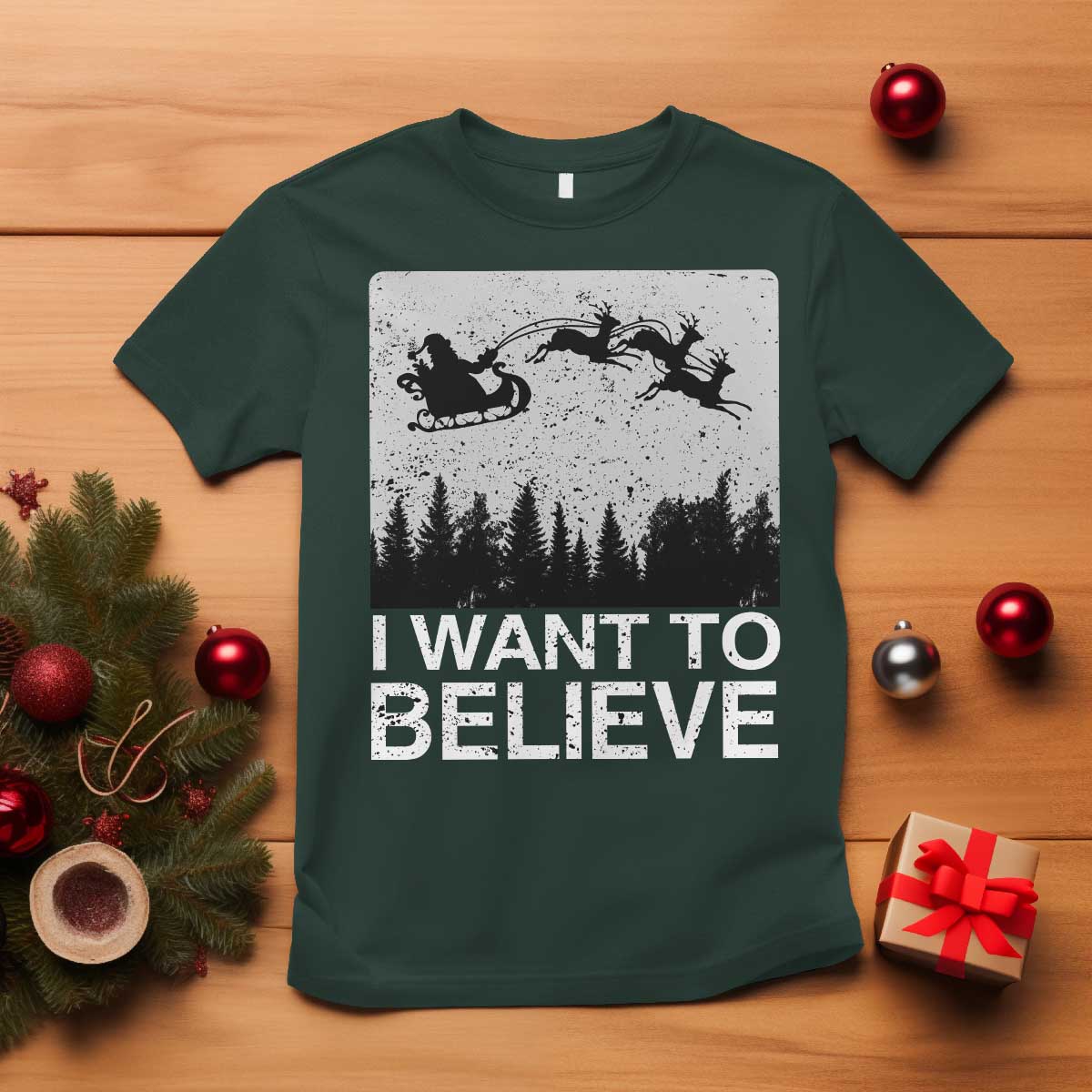 Funny Christmas Santa T Shirt I Want To Believe Sleigh With Reindeers - Wonder Print Shop