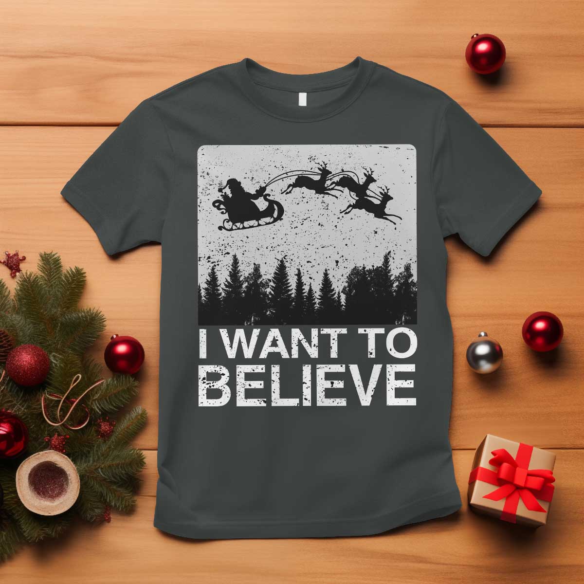 Funny Christmas Santa T Shirt I Want To Believe Sleigh With Reindeers - Wonder Print Shop