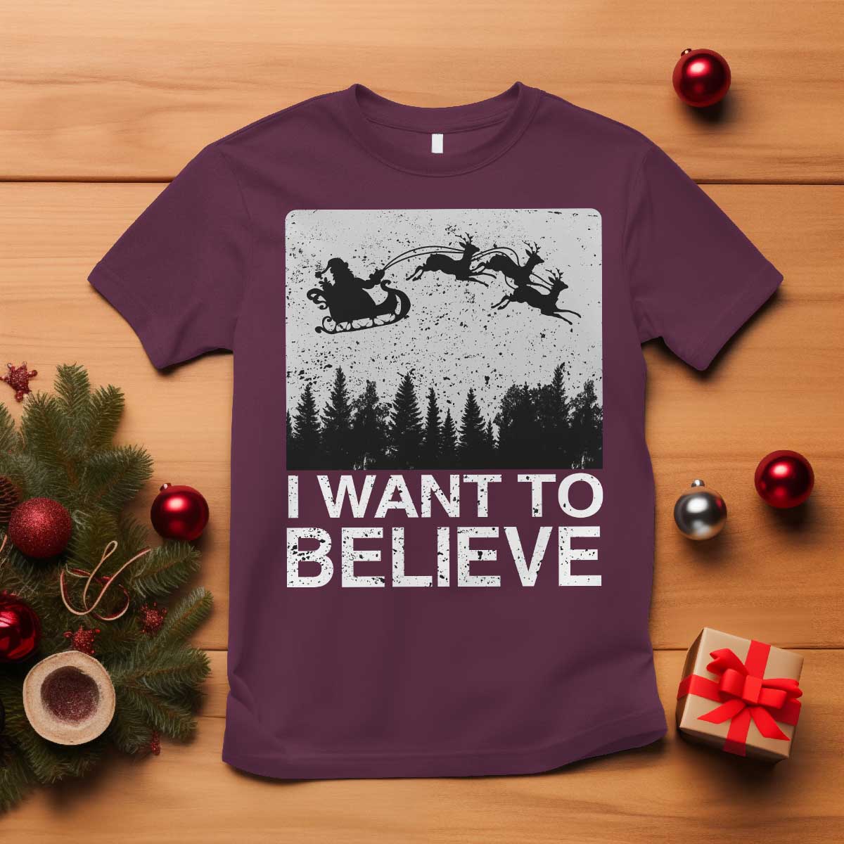 Funny Christmas Santa T Shirt I Want To Believe Sleigh With Reindeers - Wonder Print Shop