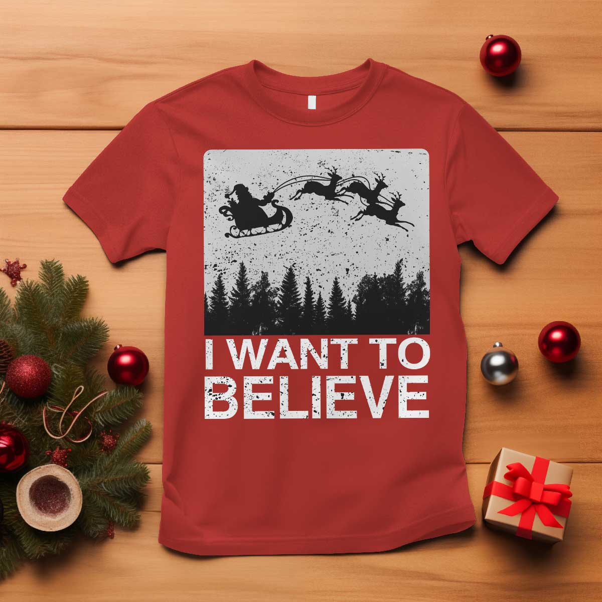 Funny Christmas Santa T Shirt I Want To Believe Sleigh With Reindeers - Wonder Print Shop