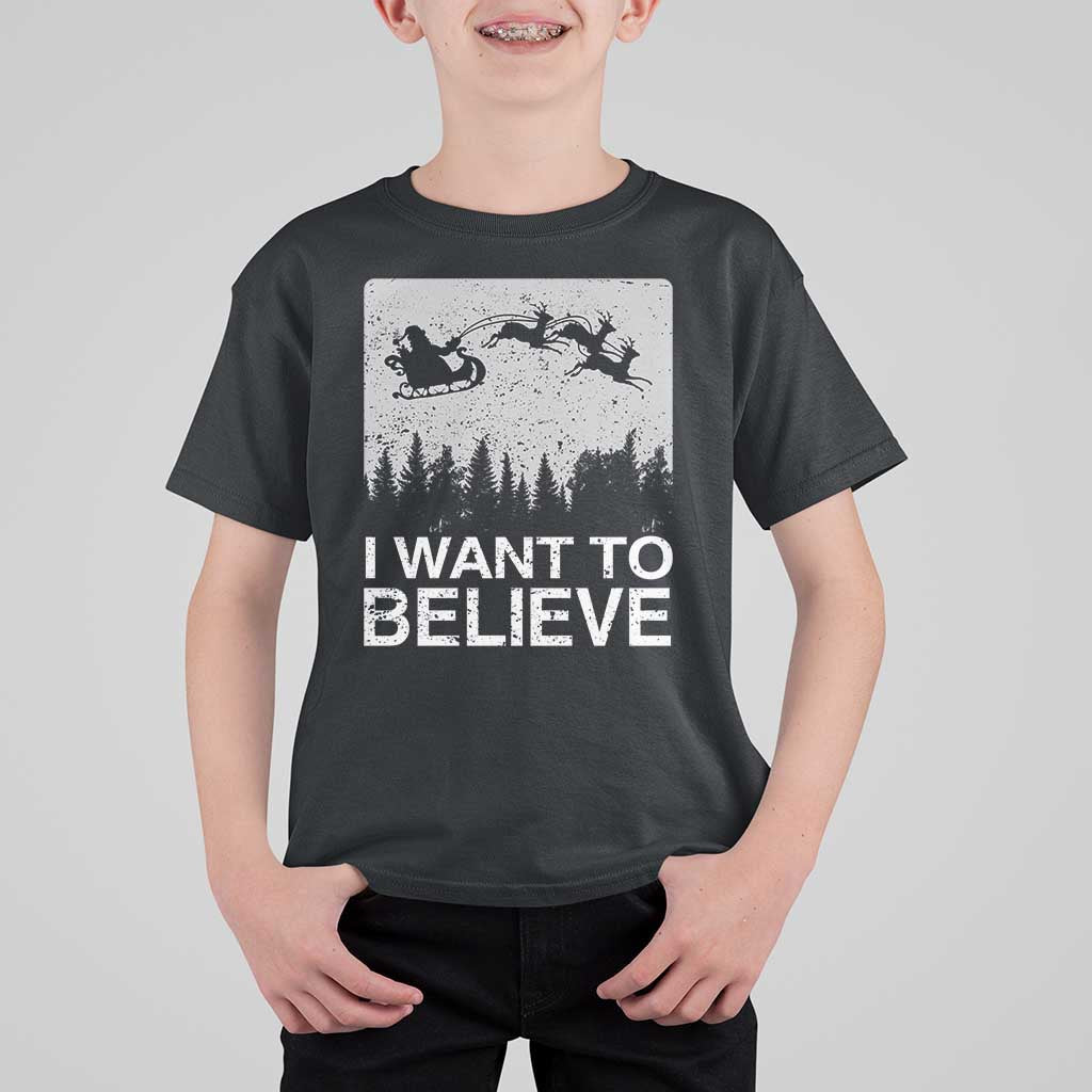Funny Christmas Santa T Shirt For Kid I Want To Believe Sleigh With Reindeers - Wonder Print Shop
