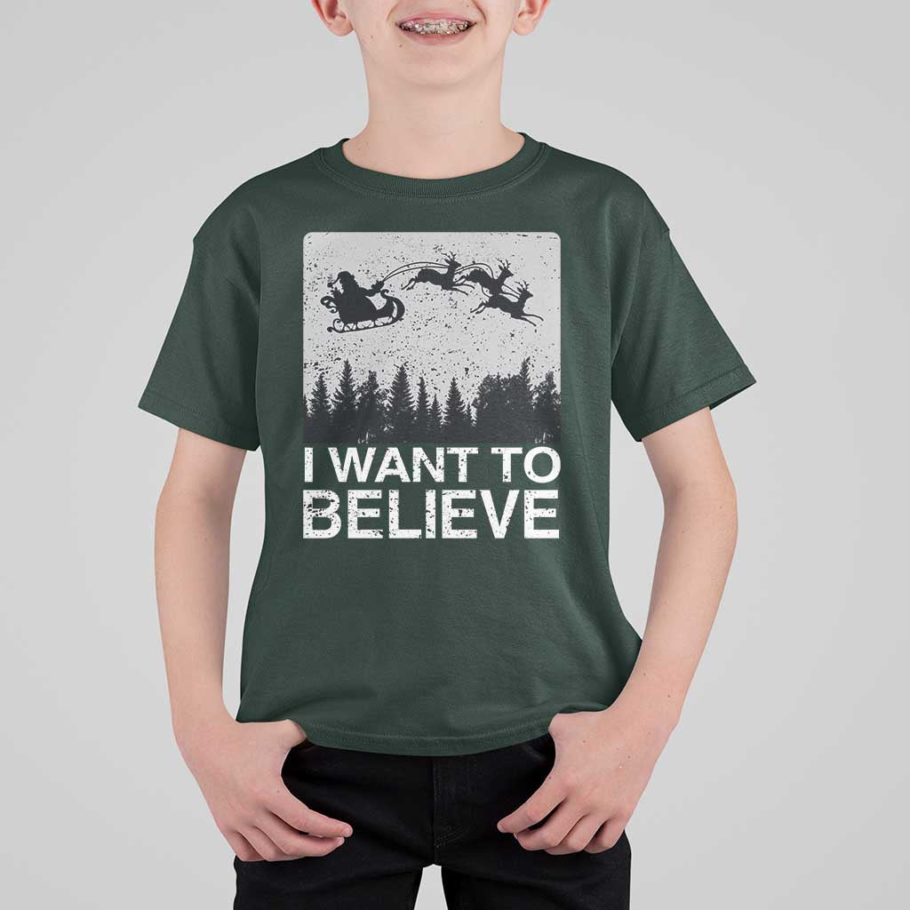 Funny Christmas Santa T Shirt For Kid I Want To Believe Sleigh With Reindeers - Wonder Print Shop