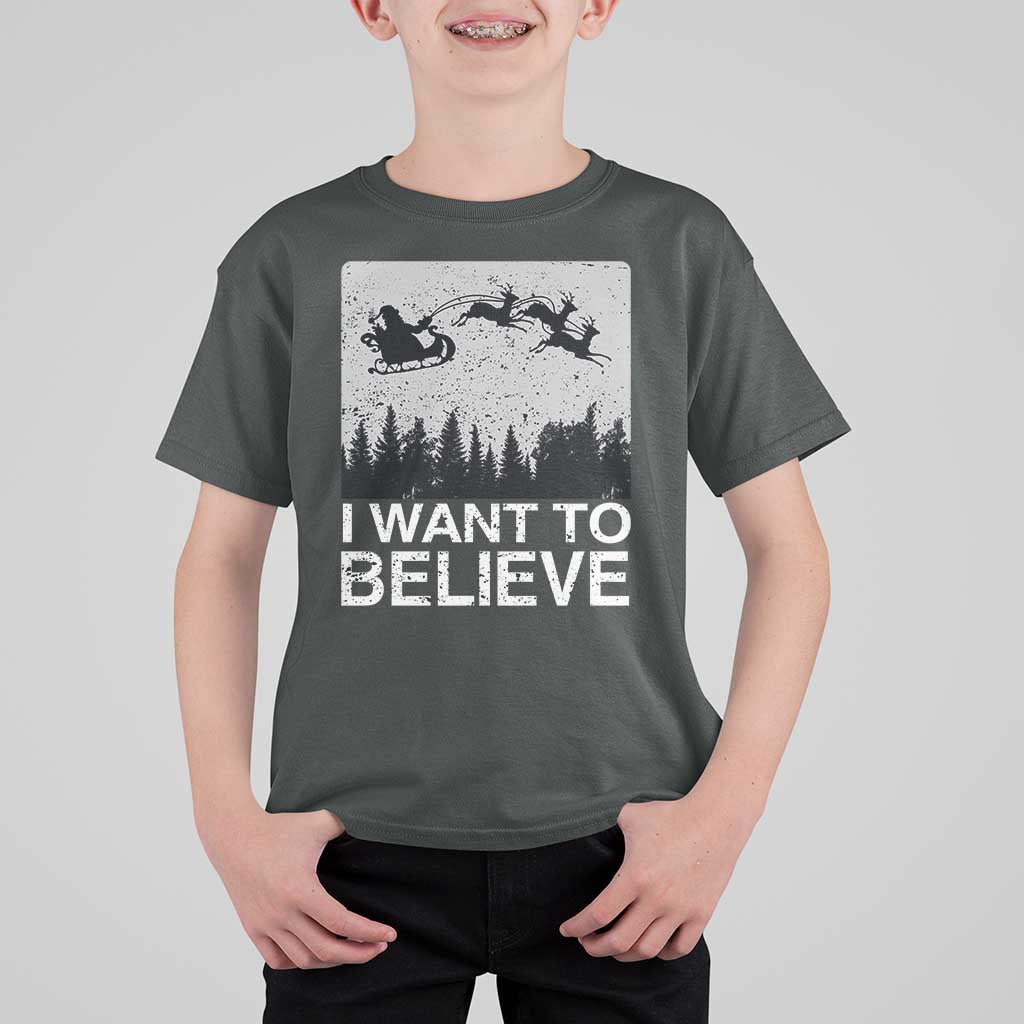 Funny Christmas Santa T Shirt For Kid I Want To Believe Sleigh With Reindeers - Wonder Print Shop
