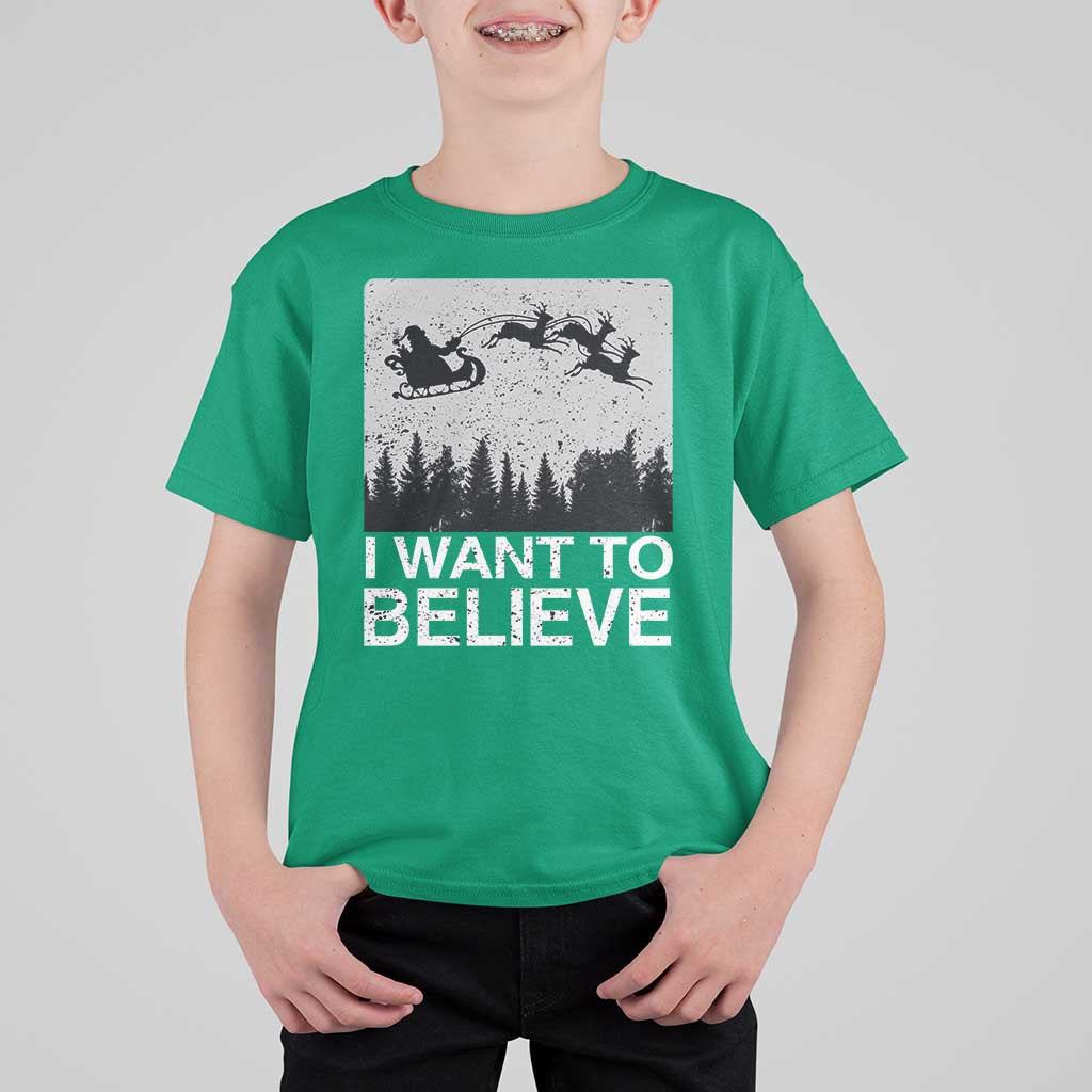 Funny Christmas Santa T Shirt For Kid I Want To Believe Sleigh With Reindeers - Wonder Print Shop