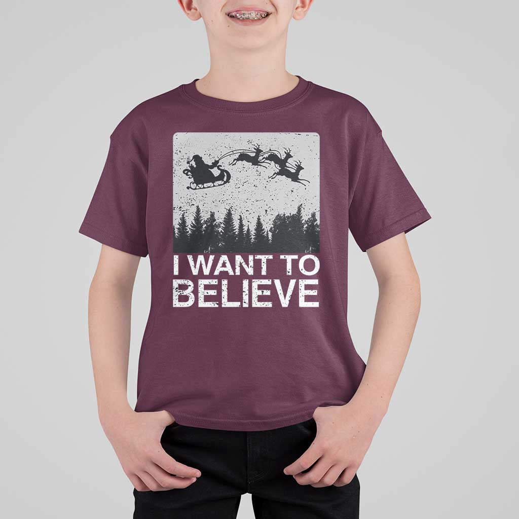Funny Christmas Santa T Shirt For Kid I Want To Believe Sleigh With Reindeers - Wonder Print Shop