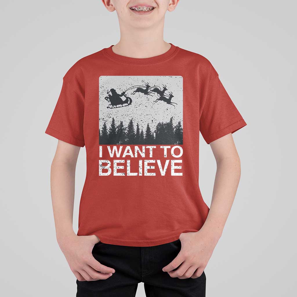 Funny Christmas Santa T Shirt For Kid I Want To Believe Sleigh With Reindeers - Wonder Print Shop