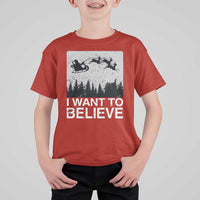 Funny Christmas Santa T Shirt For Kid I Want To Believe Sleigh With Reindeers - Wonder Print Shop