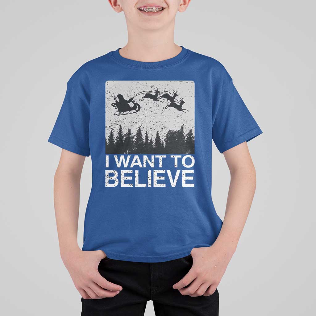 Funny Christmas Santa T Shirt For Kid I Want To Believe Sleigh With Reindeers - Wonder Print Shop