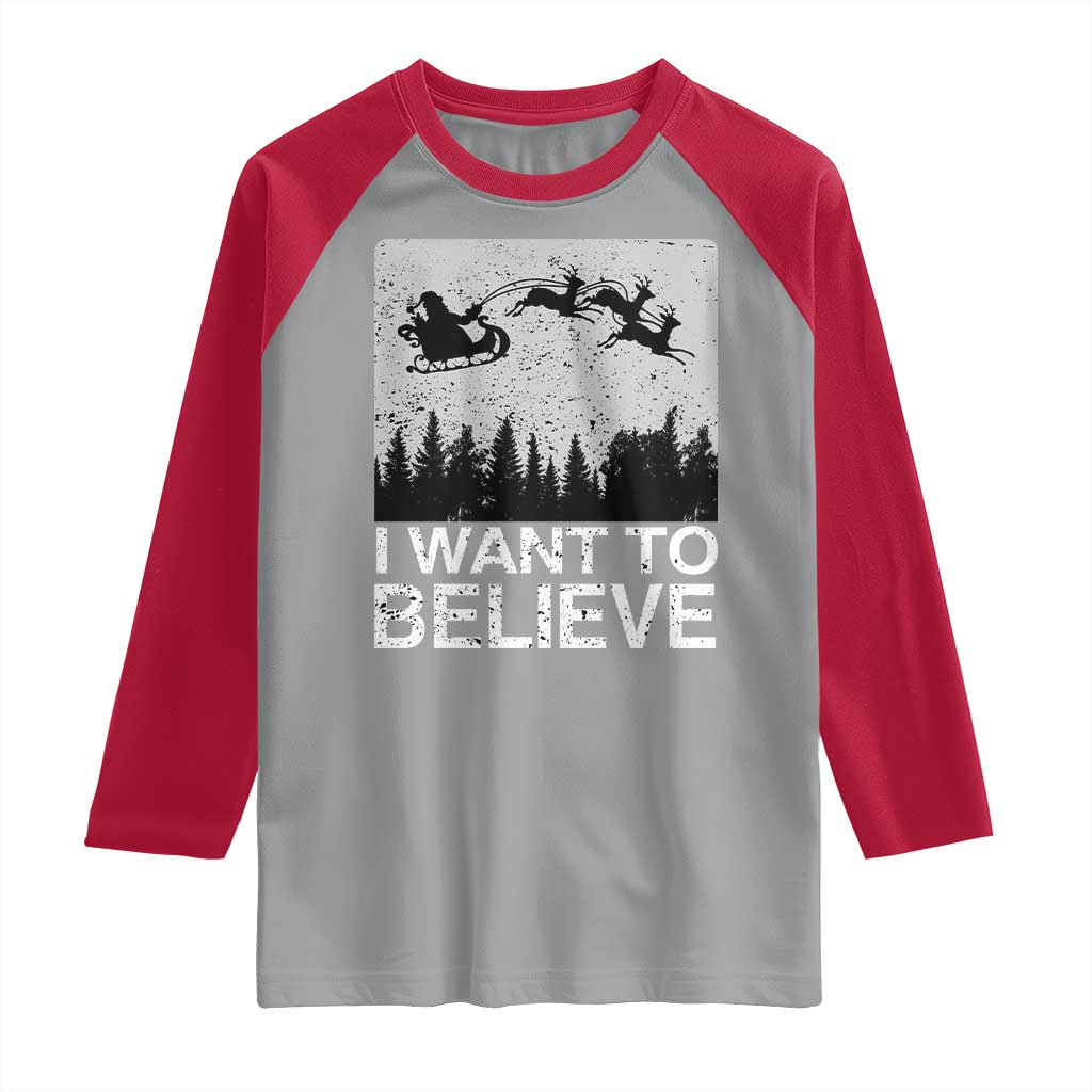 Funny Christmas Santa Raglan Shirt I Want To Believe Sleigh With Reindeers - Wonder Print Shop