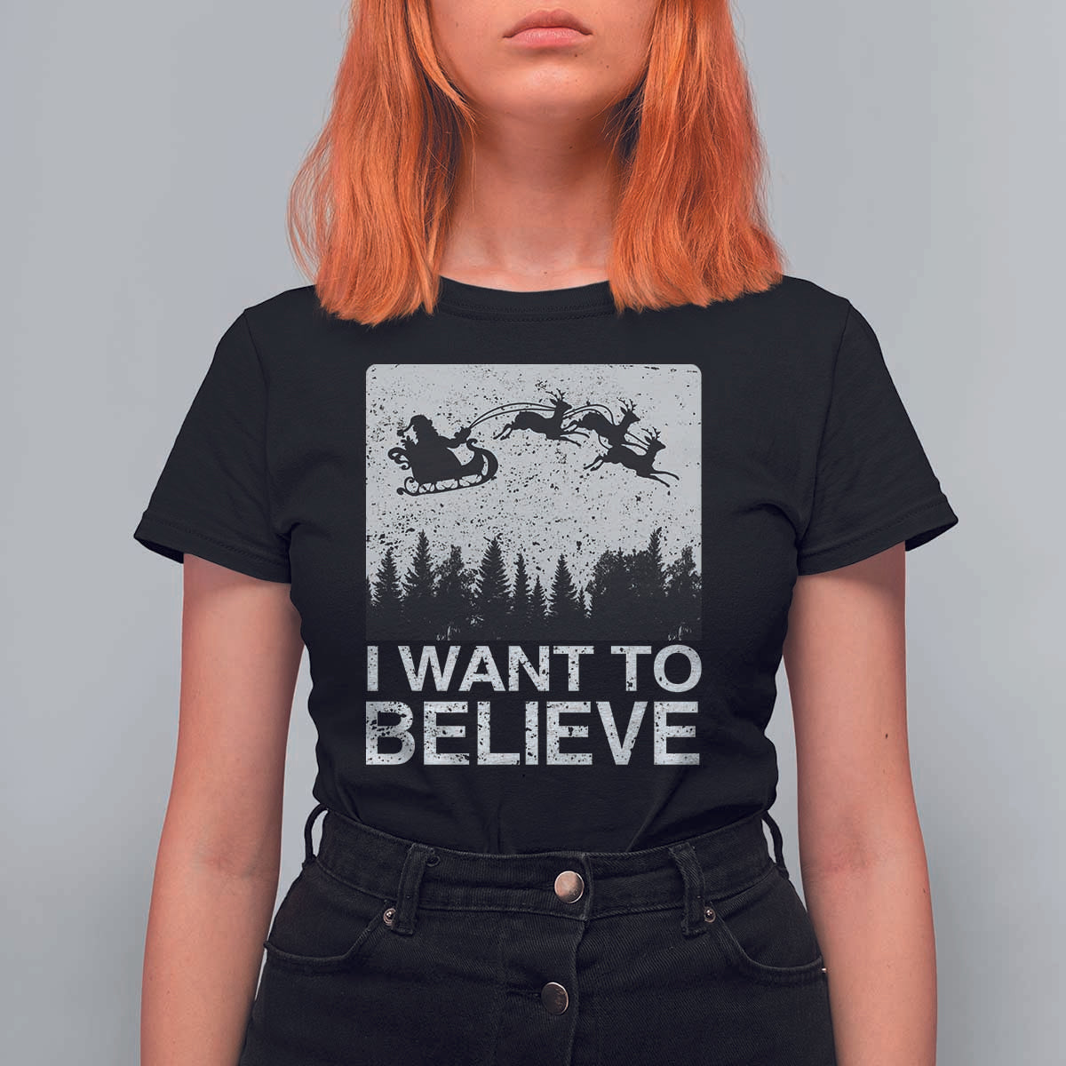 Funny Christmas Santa T Shirt For Women I Want To Believe Sleigh With Reindeers - Wonder Print Shop