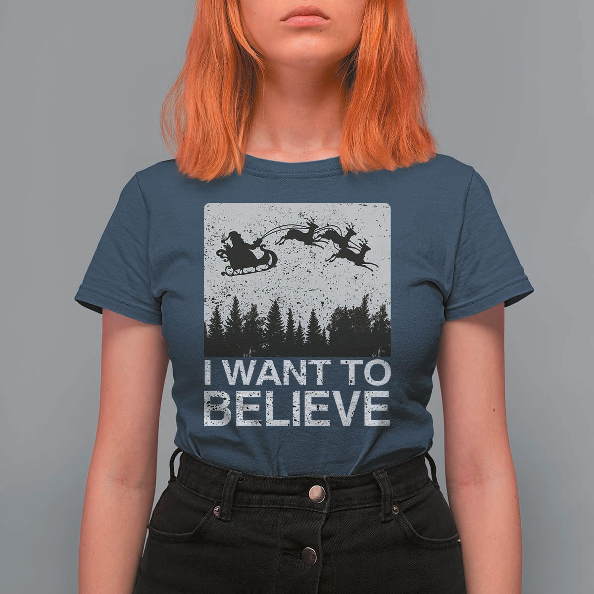 Funny Christmas Santa T Shirt For Women I Want To Believe Sleigh With Reindeers - Wonder Print Shop