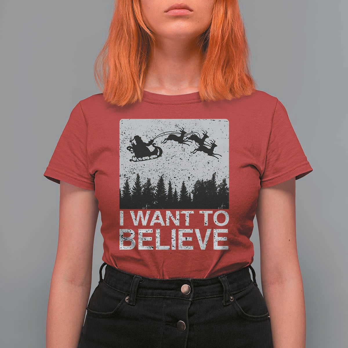 Funny Christmas Santa T Shirt For Women I Want To Believe Sleigh With Reindeers - Wonder Print Shop