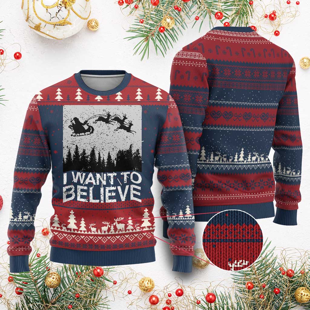 Funny Xmas Santa Ugly Christmas Sweater I Want To Believe Sleigh With Reindeers - Wonder Print Shop