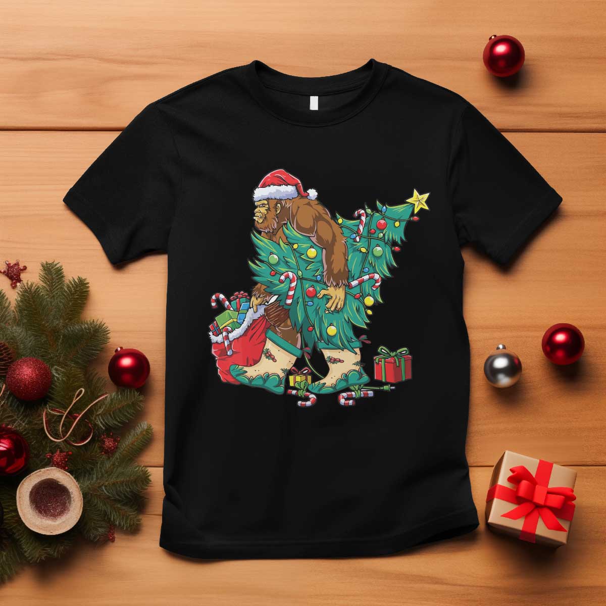 Funny Santa Bigfoot Christmas Tree T Shirt - Wonder Print Shop