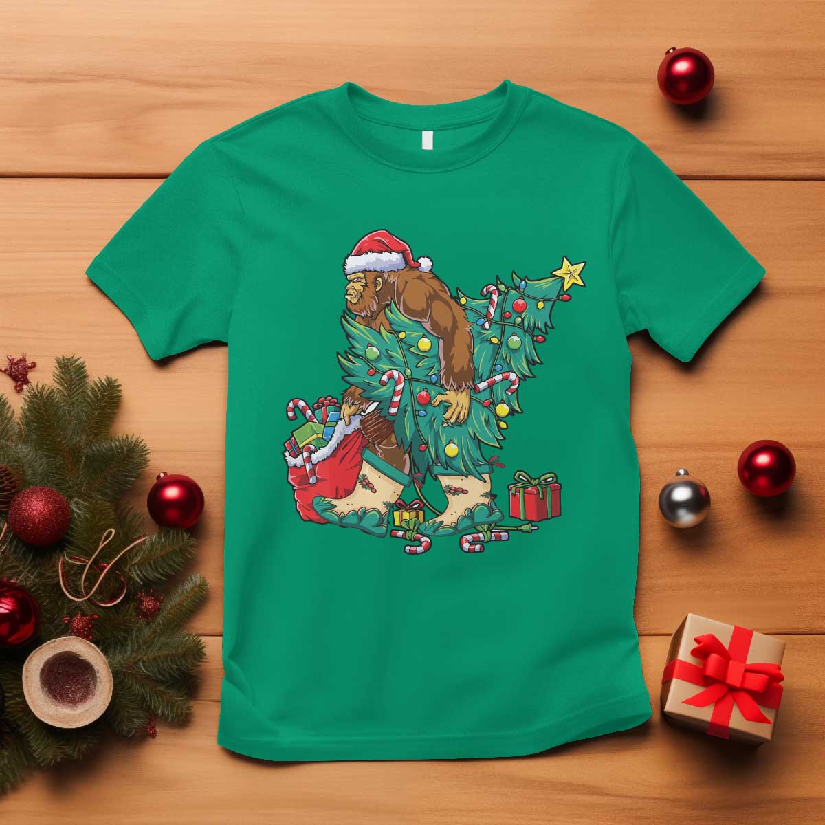Funny Santa Bigfoot Christmas Tree T Shirt - Wonder Print Shop
