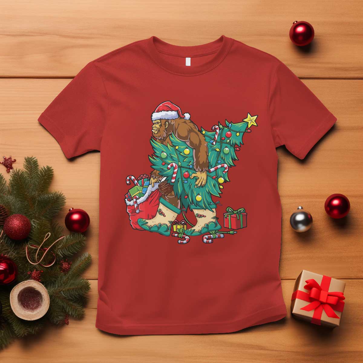 Funny Santa Bigfoot Christmas Tree T Shirt - Wonder Print Shop