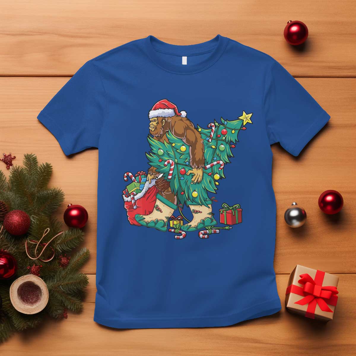 Funny Santa Bigfoot Christmas Tree T Shirt - Wonder Print Shop