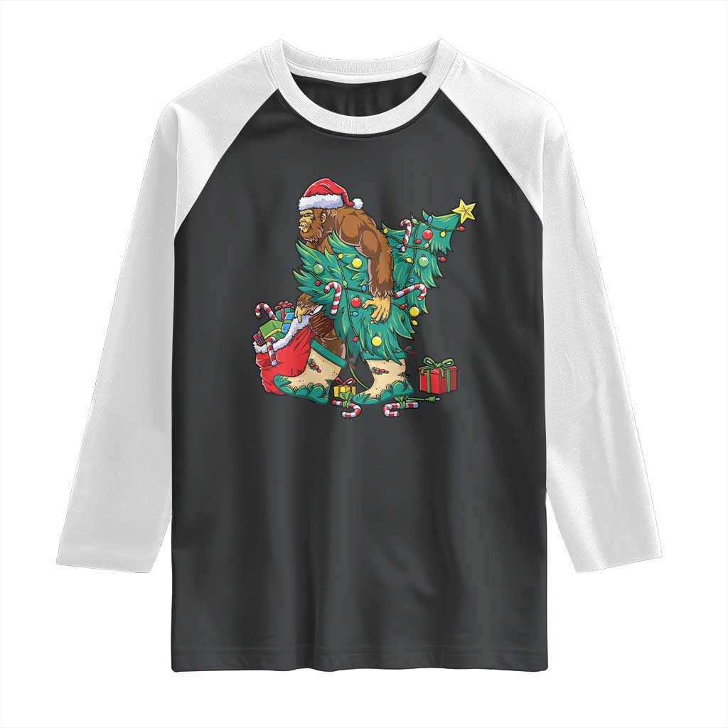 Funny Santa Bigfoot Christmas Tree Raglan Shirt - Wonder Print Shop