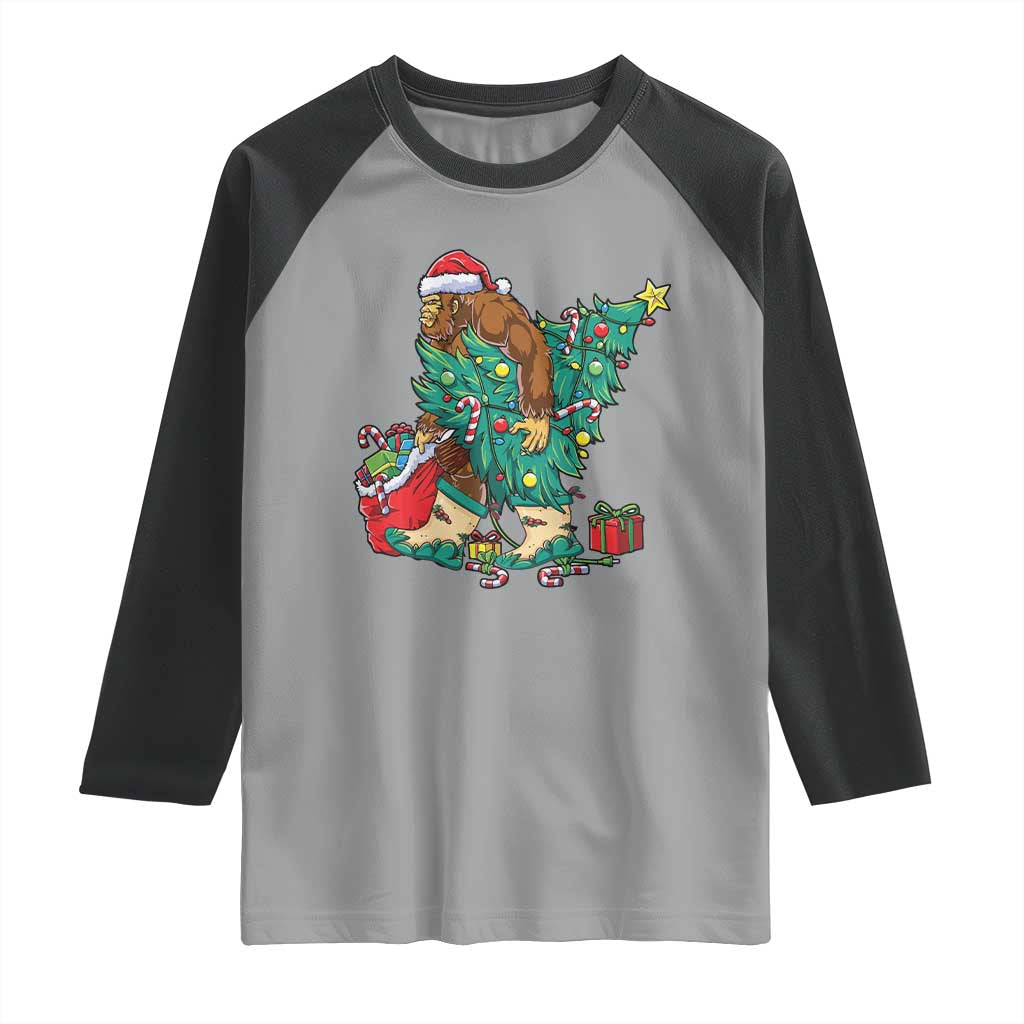 Funny Santa Bigfoot Christmas Tree Raglan Shirt - Wonder Print Shop