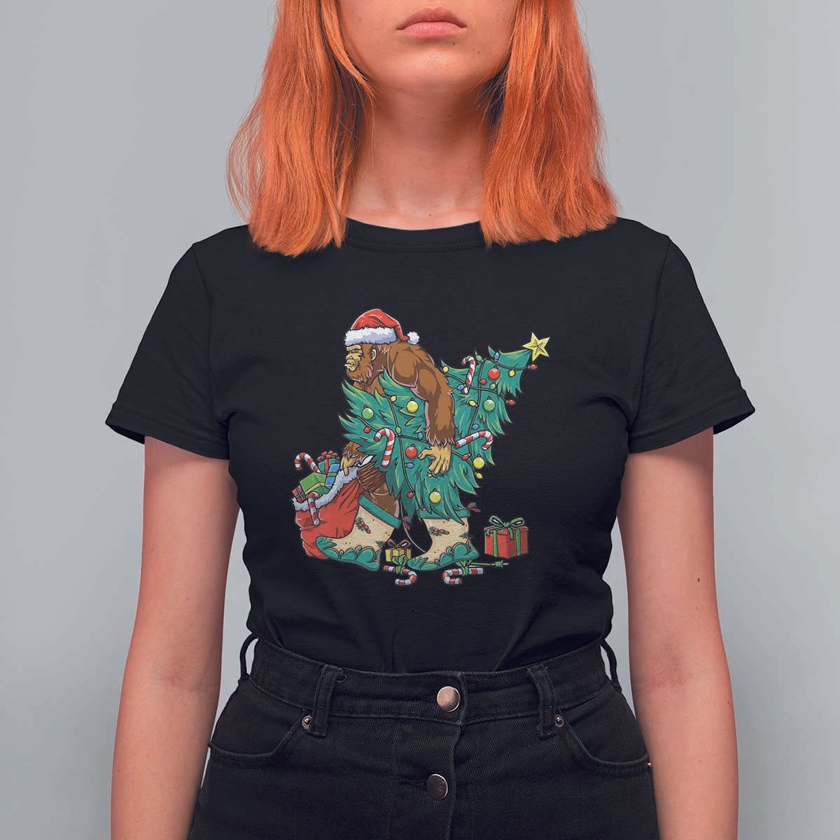 Funny Santa Bigfoot Christmas Tree T Shirt For Women - Wonder Print Shop