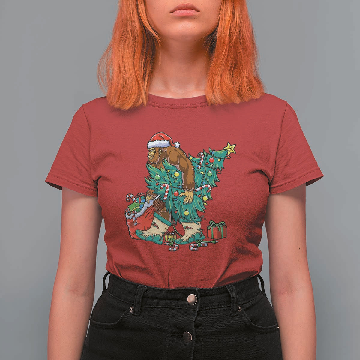 Funny Santa Bigfoot Christmas Tree T Shirt For Women - Wonder Print Shop