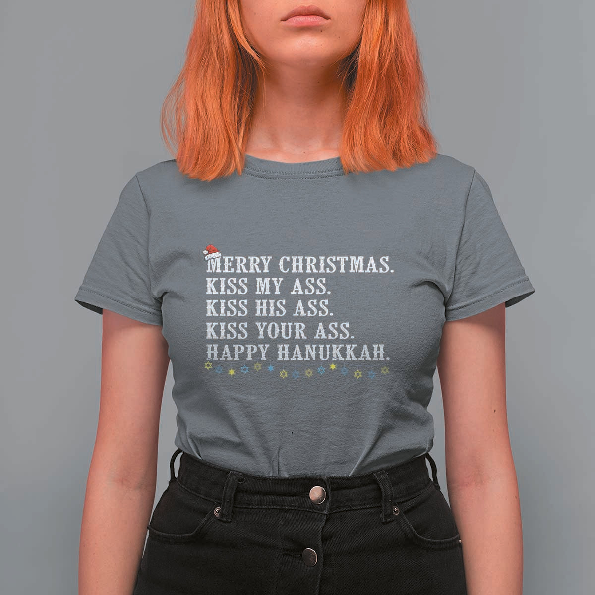 Funny Merry Christmas Kiss My His Your Ass Happy Hanukkah T Shirt For Women - Wonder Print Shop